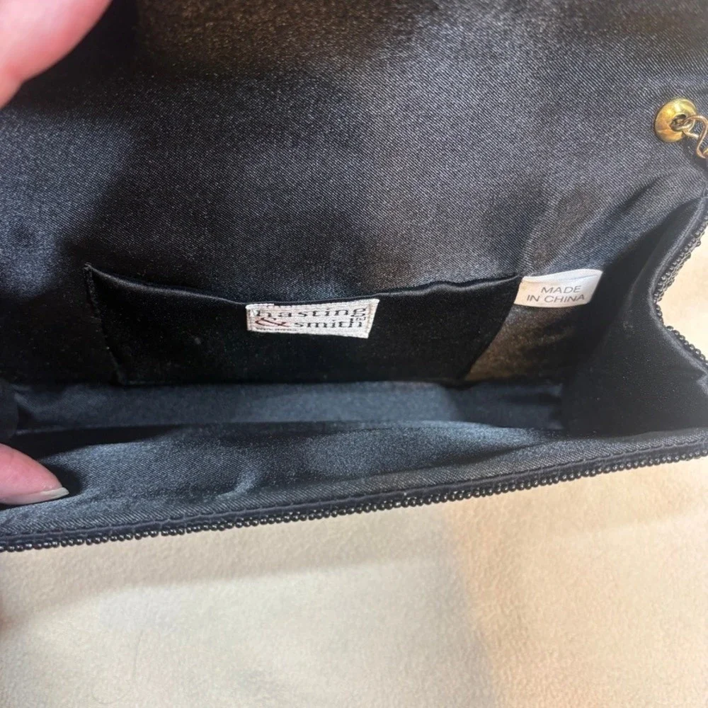 Hastings & Smith Black Beaded Floral Evening Clutch Bag Gold Snake Chain‎ Strap